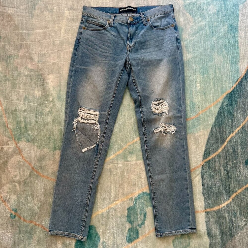 Express Jeans Women's Girlfriend Distressed Blue Jeans | Size 0